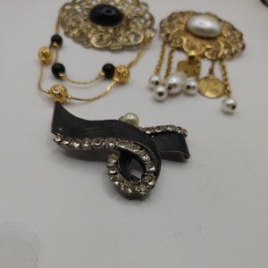 Lot Of 3 Brooches Black Enamel Hold Tone Filigree Faux Pearls Clear Rhinestones